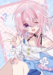 !? 1girl absurdres bare_shoulders black_choker blue_jacket blue_skirt bra_strap breasts buttons chinese_commentary chinese_text choker cleavage commentary_request earrings highres honkai:_star_rail honkai_(series) jacket jewelry long_sleeves looking_at_viewer march_7th_(honkai:_star_rail) march_7th_(preservation)_(honkai:_star_rail) medium_breasts medium_hair off-shoulder_jacket off_shoulder one_eye_closed open_mouth pink_eyes pink_hair shirt single_earring skirt solo tianha_sushi tied_jacket underbust w white_shirt