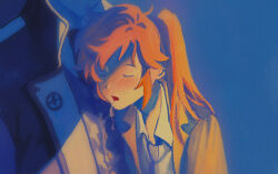1boy 1girl 79x_(ox79xo) ace_attorney athena_cykes black_suit blue_background closed_eyes drooling formal_clothes highres neck_tie orange_hair simon_blackquill sleeping suit yellow_suit