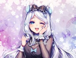 1girl ;d animal_ears artist_name black_bow black_camisole blue_bow blue_eyes blue_flower blush bow breasts camisole commentary commission english_commentary fangs fingernails floral_background flower frilled_bow frilled_sleeves frills hair_bow hair_flower hair_ornament hair_over_shoulder half-closed_eyes hand_on_own_cheek hand_on_own_face hands_up light_particles long_hair long_sleeves looking_at_viewer making-of_available medium_breasts mole mole_under_eye one_eye_closed open_mouth original purple_background sasucchi95 see-through_clothes see-through_shirt shirt simple_background smile solo swept_bangs teeth tongue triangle upper_body upper_teeth_only watermark white_flower white_hair