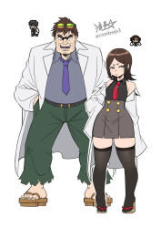 1boy 1girl breasts brown_hair chibi chibi_inset collared_shirt commentary english_commentary eyewear_on_head freckles geta hands_in_pockets highres lab_coat looking_at_viewer necktie off_shoulder open_mouth original pants ryuusei_(mark_ii) shirt short_eyebrows short_hair signature skirt sleeveless sleeveless_shirt sleeves_past_fingers sleeves_past_wrists small_breasts smile sunglasses sweat thighhighs tie_clip torn_clothes torn_pants twintails white_background