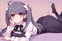 1girl absurdres ass black_bow blush bow chofu_noriko commentary_request cream_(nipakupa) dress feet gradient_background hair_bow heart highres ikizulive!_love_live!_bluebird long_hair long_sleeves looking_at_viewer love_live! lying on_stomach pinafore_dress purple_dress purple_eyes purple_hair shirt sleeveless sleeveless_dress solo star_(symbol) the_pose twintails white_bow white_shirt