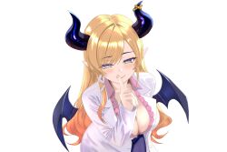1girl 666girimekara absurdres black_skirt blonde_hair blue_eyes breasts center_frills cleavage closed_mouth coat demon_girl demon_horns demon_wings finger_to_mouth frills highres hololive horns lab_coat large_breasts long_hair looking_at_viewer pink_shirt pointy_ears shirt skirt solo virtual_youtuber white_background white_coat wings yuzuki_choco yuzuki_choco_(1st_costume)