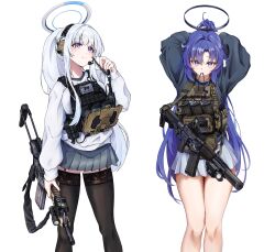2girls adjusting_hair alternate_costume alternate_hairstyle ammunition_pouch arms_up as_val assault_rifle black_halo black_sweater black_thighhighs blue_archive bulletproof_vest closed_mouth clov3r commentary_request cowboy_shot daewoo_k1 earpiece eotech feet_out_of_frame grey_skirt gun gun_sling hair_between_eyes halo highres holding holding_weapon kalashnikov_rifle korean_commentary legs_together load_bearing_vest long_hair long_sleeves looking_at_viewer magazine_(weapon) mechanical_halo millennium_science_school_logo miniskirt mouth_hold multiple_girls noa_(blue_archive) pleated_skirt ponytail pouch puffy_long_sleeves puffy_sleeves purple_eyes purple_hair ribbon ribbon_in_mouth rifle shirt simple_background skirt smile standing suppressor sweater thighhighs tying_hair very_long_hair weapon white_background white_hair white_halo white_shirt yuuka_(blue_archive)