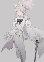 1girl aamond akira_(blue_archive) alternate_hair_length alternate_hairstyle animal_ear_fluff animal_ears belt black_choker blue_archive cane choker closed_mouth coat coat_on_shoulders cropped_legs gloves grey_background halo hand_on_cane highres long_sleeves looking_at_viewer pants red_eyes shirt shirt_tucked_in short_hair simple_background sketch solo white_belt white_coat white_gloves white_pants white_shirt