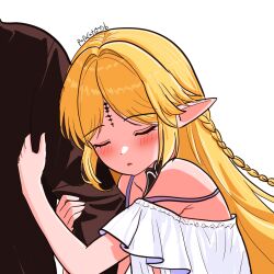 1boy 1girl alternate_costume arm_hug bare_shoulders black_collar blonde_hair blush cartethyia_(wuthering_waves) closed_eyes collar commentary dress english_commentary highres long_hair male_rover_(wuthering_waves) open_mouth papacat pointy_ears rover_(wuthering_waves) tacet_mark_(wuthering_waves) white_background white_dress wuthering_waves