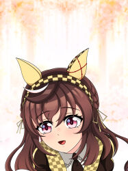 1girl absurdres blush braid brown_hair buena_vista_(umamusume) hair_between_eyes hair_ornament hairband highres horse_girl long_hair looking_at_viewer necktie open_mouth portrait pov purple_eyes simple_background solo sweetbubble tears umamusume