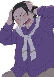 Rule 34 | 1boy, bara, blush, breast pocket, closed mouth, fat, fat man, forehead, grey pants, honda yutaka, jacket around neck, male focus, open mouth, pants, pocket, purasu no konbu, purple shirt, scared, shirobako, shirt, short hair, simple background, sitting, white background