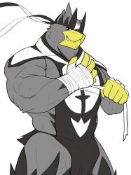1boy bandaged_hand bandages biceps black_fur furry furry_male gen_8_pokemon grey_fur grin highres legendary_pokemon looking_at_viewer multicolored_fur muscular nikukyu299paw nintendo pokemon pokemon_(creature) smile sweatdrop urshifu urshifu_(single) white_background white_fur