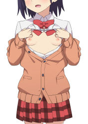 Rule 34 | 1girl, black hair, blush, bra, bra lift, breasts, brown cardigan, cardigan, fang, gabriel dropout, head out of frame, highres, morisobo, nipples, open cardigan, open clothes, open mouth, open shirt, red skirt, shirt, simple background, skin fang, skirt, small breasts, solo, standing, underwear, vignette tsukinose april, white background, white shirt