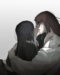 2girls akechi_(826988799) black_eyes black_hair black_shirt french_kiss glasses gradient_background grey_background hand_on_another&#039;s_shoulder highres huh_yun-jin kiss le_sserafim long_hair long_sleeves looking_at_another multiple_girls nakamura_kazuha real_life red_hair shirt tongue tongue_out white_background white_shirt yuri