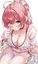 1girl ahoge bare_shoulders bikini blush breasts cleavage closed_mouth collarbone commentary flower frilled_bikini frills green_eyes hair_flower hair_ornament hair_ribbon high_ponytail highres hololive large_breasts long_hair looking_at_viewer muyamii navel pink_flower pink_hair ponytail ribbon sakura_miko solo stomach swimsuit thighs virtual_youtuber wet white_bikini white_ribbon