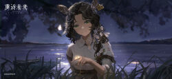 1girl animal animal_ears animal_on_hand arm_belt backlighting belt blurry blurry_background boat branch brown_belt brown_hair bug closed_mouth collared_shirt controller copyright_name copyright_notice curly_hair daisy_(flower) deer_ears deer_girl ear_tag firefly flower forest full_moon grass green_eyes hair_flower hair_ornament hair_over_shoulder hand_up head_tilt highres insect jessica_(reverse:1999) lake leaf logo long_hair long_sleeves looking_at_viewer mold moon moon_reflection mountainous_horizon nature night night_sky official_art official_wallpaper outdoors outstretched_arm outstretched_hand parted_bangs reaching reaching_towards_viewer reflection reverse:1999 second-party_source ship_deck shirt sky smile solo upper_body water watercraft white_flower white_shirt