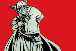 Rule 34 | 1boy, bag, cape, commentary request, cowboy shot, dragon quest, dragon quest x, fingerless gloves, glasses, gloves, greyscale with colored background, head tilt, helmet, holding, holding pillow, looking at object, male focus, ozogori (user tzaz2447), pillow, red background, robe, round eyewear, short hair, shoulder bag, singh (dq10), smile, solo, winged helmet