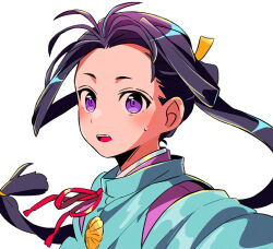 1boy bow floating_hair hair_tie houjou_tokiyuki_(nige_jouzu_no_wakagimi) japanese_clothes kariginu long_hair long_sleeves looking_at_viewer low-tied_long_hair male_focus nige_jouzu_no_wakagimi open_mouth purple_eyes sanamaru_(sana79261827) sidelocks_tied_back simple_background small_sweatdrop solo teeth upper_teeth_only very_long_hair white_background