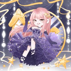 Rule 34 | 1girl, achen shi mianbao naodai, bare legs, bare shoulders, chibi, chinese commentary, commentary request, countdown illustration, curtains, dot nose, dress, elbow gloves, frilled dress, frills, gloves, gown, gradient background, hair ornament, hand up, highres, jewelry, lace, lace-trimmed dress, lace-trimmed gloves, lace trim, light blush, light particles, long dress, long hair, long sidelocks, looking at viewer, necklace, nikki (nikki), nikki (series), parted lips, pink eyes, pink hair, purple background, purple dress, purple gloves, purple shoes, second-party source, shining nikki, shoes, sidelocks, smile, solo, star (symbol), star hair ornament, star necklace, star print, star sea (nikki), starry sky print, straight hair, strapless, strapless dress, teeth, tsurime, very long hair