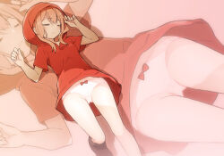 Rule 34 | 1girl, :o, bare legs, bow, bow panties, breasts, brown shoes, clenched hands, closed eyes, commentary request, dress, full body, groin, hooded dress, light blush, lying, medium hair, on back, orange hair, original, panties, pantyshot, parted lips, red dress, rekindlingburn, shoes, short dress, short sleeves, sleeping, small breasts, solo focus, teeth, underwear, w arms, white panties, zoom layer