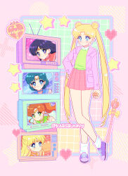 Rule 34 | 1girl, aino minako, bishoujo senshi sailor moon, black hair, blonde hair, blue eyes, blue sailor collar, bow, brown hair, choker, circlet, cosmic heart compact, crt, double bun, earrings, green eyes, green sailor collar, green sweater, hair bobbles, hair bun, hair ornament, heart, highres, hino rei, jacket, jewelry, karisbunny, kino makoto, long hair, mizuno ami, orange sailor collar, parted bangs, pink jacket, purple eyes, red bow, red sailor collar, red skirt, sailor collar, sailor jupiter, sailor mars, sailor mercury, sailor venus, shirt, shoes, short hair, skirt, sneakers, spiral heart moon rod, star (symbol), stud earrings, sweater, television, tsukino usagi, twintails, twitter username, white shirt