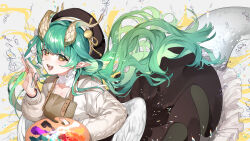 1girl art_brush black_hat black_skirt blush breasts cardigan cleavage collarbone commentary commission dragon_horns dragon_tail earrings feathered_wings frilled_skirt frills green_hair grey_cardigan hat highres holding holding_paint_palette holding_paintbrush holding_paint_palette horns jewelry long_hair long_sleeves looking_at_viewer mayuri_kaichou medium_breasts open_mouth original paint_palette paintbrush paint_palette pointy_ears skeb_commission skirt solo tail white_wings wings yellow_eyes