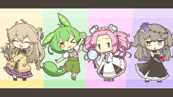 &gt;_o 4girls :d ;d ^_^ ahoge akihiyo animal_ears bare_shoulders black_dress black_shoes blue_eyes blush boots bottle brown_hair chibi chibi_only closed_eyes closed_mouth commentary_request dress drill_hair elbow_gloves fang flower food frilled_dress frilled_sleeves frills full_body gloves green_background green_boots green_hair green_shorts grey_gloves grey_hair hair_flower hair_ornament highres holding holding_flower holding_food holding_magnifying_glass jacket kasukabe_tsumugi leg_up letterboxed long_hair long_sleeves magnifying_glass meimei_himari messy_hair multiple_girls neck_ribbon necktie one_eye_closed open_clothes open_jacket open_mouth outstretched_arm perfume_bottle pink_background pink_hair pink_ribbon plaid_clothes plaid_skirt pleated_skirt ponytail purple_background purple_skirt ribbon shikoku_metan shirt shoes short_sleeves shorts skin_fang skirt sleeveless sleeveless_dress smile socks standing suspender_shorts suspenders twin_drills utau v-shaped_eyebrows voiceroid voicevox white_dress white_shirt white_shoes white_socks wide_sleeves yellow_background yellow_eyes yellow_jacket yellow_necktie zunda_mochi zundamon