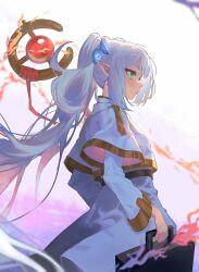 1girl absurdres capelet dkyung004 earrings elf floating_earrings flower frieren from_side green_eyes hair_flower hair_ornament highres holding holding_staff jewelry mage_staff parted_bangs pointy_ears simple_background solo sousou_no_frieren staff teardrop_earrings twintails upper_body white_capelet white_hair