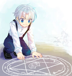 1boy black_shoes blue_eyes blue_pants chalk_drawing child closed_mouth commentary_request dirt drawing_(action) kuroda_(kuro_yyy) madou_monogatari madou_monogatari_ars magic_circle male_focus outdoors pants plant puyopuyo schezo_wegey shirt shoes short_hair smile solo squatting suspenders white_hair white_shirt