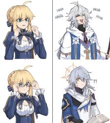 Rule 34 | 1girl, 2boys, ahoge, artoria pendragon (fate), blonde hair, blue dress, book, breasts, cleavage, dress, glasses, green eyes, head wings, highres, holding, holding book, holding staff, honkai: star rail, honkai (series), long hair, medium breasts, merlin (fate), multiple boys, pianobat, saber (fate), saber (honkai: star rail) (fate), staff, sunday (honkai: star rail), white hair, wings, yellow eyes