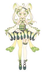 1girl ahoge animal_ears asymmetrical_legwear bare_shoulders bow bowtie closed_mouth clover commentary detached_sleeves double-parted_bangs dress flat_color full_body green_bow green_bowtie green_dress green_eyes green_hair green_hairband green_pantyhose hairband hyou_(pixiv3677917) long_hair long_sleeves looking_at_viewer mouse_ears mouse_girl mouse_tail multicolored_hair original pantyhose signature simple_background single_leg_pantyhose single_thighhigh sleeveless sleeveless_dress smile solo standing straight-on symbol-only_commentary tachi-e tail tail_bow tail_ornament thick_eyebrows thighhighs twintails two-tone_hair uneven_legwear white_background white_hair white_sleeves white_thighhighs
