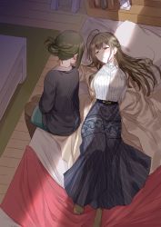 2girls ahoge bad_id bad_twitter_id blush brown_hair coat commentary_request earrings folded_ponytail green_hair hidden_face highres idolmaster idolmaster_shiny_colors jewelry kuwayama_chiyuki long_hair long_skirt looking_to_the_side lying multiple_girls nanakusa_hazuki no_shoes on_back open_clothes open_coat pantyhose parted_lips pillow romi_(346_ura) skirt