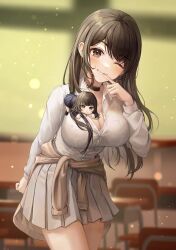 1girl black_hair breasts chair classroom cleavage desk highres indoors large_breasts long_hair looking_at_viewer mirage_(rairudiseu) nail_polish one_eye_closed pointing pointing_at_self school_desk school_uniform shirt skirt smile solo stuffed_toy white_shirt