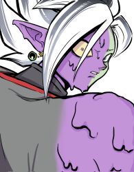 1boy black_bodysuit bodysuit bonot colored_sclera colored_skin dragon_ball dragon_ball_super earrings from_behind fused_zamasu green_skin grey_eyes heterochromia jewelry looking_back melting mismatched_pupils mismatched_sclera multicolored_skin mutation parted_lips pointy_ears potara_earrings purple_eyes purple_skin solo spiked_hair white_hair yellow_sclera