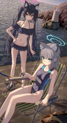 2girls absurdres animal_ear_fluff animal_ears bare_arms bare_legs bare_shoulders bikini bikini_skirt black_bikini black_hair black_one-piece_swimsuit blue_archive blue_halo blush cat_ears cat_girl chair closed_mouth coffee covered_navel cross_hair_ornament cup frilled_bikini frills grey_hair hair_between_eyes hair_ornament halo hand_on_own_hip highres holding holding_cup long_hair looking_at_viewer multiple_girls navel ocean official_alternate_costume official_alternate_hairstyle on_chair one-piece_swimsuit pink_halo ponytail sandals serika_(blue_archive) serika_(swimsuit)_(blue_archive) shiroko_(blue_archive) shiroko_(swimsuit)_(blue_archive) sidelocks sitting stomach suumon swimsuit tail twintails very_long_hair wolf_girl wolf_tail
