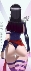 1girl armor artist_name ass ass_focus black_hair blunt_ends bug butterfly curvy facing_away from_behind highleg highleg_leotard highres huge_ass insect leotard long_hair marvel marvel_rivals psylocke purple_butterfly purple_leotard purple_nails purple_thighhighs red_sash revealing_clothes sash shiny_skin shoulder_armor signature simple_background solo theheatnix thigh_strap thighhighs thong_leotard white_background wide_hips x-men