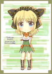 Rule 34 | 1girl, arms behind back, bandana, belt, belt pouch, blonde hair, blue eyes, blush, boots, border, breasts, brown belt, brown boots, chibi, chibi only, cleavage, closed mouth, commentary request, corset, dated, detached sleeves, full body, ginn0613v, green background, green corset, grey border, headdress, looking at viewer, medium breasts, milestone celebration, official alternate costume, orange bandana, pouch, ragnarok online, ranger (ragnarok online), short hair, smile, solo, standing, striped background, white background, white sleeves