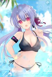 1girl alternate_costume arm_strap bare_shoulders bikini black_bikini black_bow blue_hair blue_sky blurry blurry_background blush bow braid breasts cleavage cloud collarbone commentary_request cowboy_shot crown_braid day depth_of_field episode_number eyes_visible_through_hair floating_hair hair_between_eyes hair_bow hair_bun hair_ribbon halterneck hand_on_own_hip hand_up highres index_finger_raised large_breasts long_hair looking_at_viewer navel open_mouth outdoors red_eyes red_ribbon ribbon side-tie_bikini_bottom sidelocks single_hair_bun sky solo sorakado_ao speech_bubble stomach summer_pockets swimsuit thigh_gap ura_(ura-tennislove) very_long_hair wading water water_drop