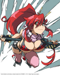 1girl ale_(ale_halexxx) bikini black_bikini black_gloves black_shorts breasts cleavage fingerless_gloves flame_print floating gloves gun highres large_breasts long_hair pink_scarf ponytail red_bikini red_hair rifle scarf shorts solo swimsuit tengen_toppa_gurren_lagann underboob weapon yellow_eyes yoko_littner