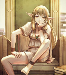 1girl anklet barefoot blonde_hair book breasts cleavage commentary dated earclip elf gem gold_anklet green_gemstone hair_tubes highres jewelry knee_up light_smile long_hair looking_at_viewer low-tied_sidelocks niao_de parted_lips pile_of_books pointy_ears serie_(sousou_no_frieren) shorts sidelocks signature sitting sitting_on_throne solo sousou_no_frieren throne very_long_hair white_shorts yellow_eyes