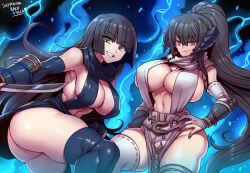 2girls arm_guards armpits ass au_ra black_hair blue_cloak blue_dress blue_gloves blue_thighhighs breasts brown_eyes cleavage cloak closed_mouth commentary_request commission covered_erect_nipples dagger dress elbow_gloves eyebrows_hidden_by_hair final_fantasy final_fantasy_xiv gloves grin hair_between_eyes highres holding holding_dagger holding_knife holding_weapon knife large_breasts long_hair looking_at_viewer multiple_girls navel ninja_(final_fantasy) open_mouth revealing_clothes sapphira_nyx skeb_commission slingshot_dress smile thighhighs toned toned_female tukiwani very_long_hair warrior_of_light_(ff14) weapon white_dress white_thighhighs