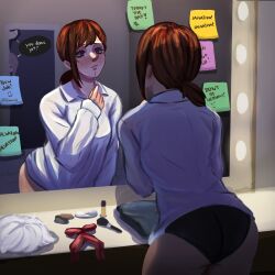 3girls absurdres ass black_panties brown_eyes brown_hair chainsaw_man collarbone commentary english_commentary english_text higashiyama_kobeni highres l1amanade makeup_brush mirror multiple_girls panties reflection shirt solo_focus speech_bubble sticky_note underwear white_shirt