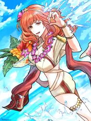 1girl ass beach bikini bracelet breasts brown_bikini celica_(fire_emblem) celica_(summer)_(fire_emblem) cleavage fire_emblem fire_emblem_echoes:_shadows_of_valentia fire_emblem_heroes flower flower_necklace food from_side fruit fruit_basket fruit_bowl hair_flower hair_ornament head_wreath highres holding holding_food holding_fruit jewelry large_breasts lei long_hair necklace nintendo official_alternate_costume orange_eyes orange_hair red_eyes red_hair red_sash sash shidanna1227 solo swimsuit water