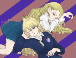 2girls alternate_hairstyle anmitsu_sd assam_(girls_und_panzer) bare_legs blue_eyes blue_skirt blue_sweater emblem girls_und_panzer hair_down head_on_another&#039;s_back highres long_hair long_sleeves lying miniskirt multiple_girls necktie no_legwear on_stomach partially_undressed pleated_skirt purple_eyes school_uniform skirt st._gloriana&#039;s_(emblem) st._gloriana&#039;s_school_uniform striped_background sweater unworn_necktie yuri