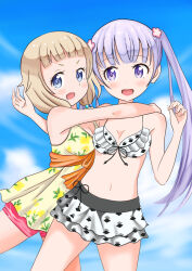 Rule 34 | 2girls, b (papiopine), bare shoulders, bikini, blonde hair, blue eyes, breasts, collarbone, day, dot nose, feet out of frame, female focus, hair ornament, long hair, looking at viewer, medium breasts, medium hair, multiple girls, navel, new game!, open mouth, outdoors, purple eyes, purple hair, sakura nene, sky, standing, suzukaze aoba, swimsuit, twintails
