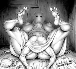 Rule 34 | 1boy, 1girl, ass, barefoot, breasts, candy, covered erect nipples, double deck, feet, food, ghost costume, hetero, highres, huge breasts, indoors, original, sex, size difference, soles, sweat, thick thighs, thighs, toes, wooden floor