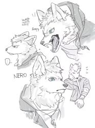 ... 1boy 469nn angry bandage_in_mouth bandaged_arm bandages blue_eyes character_name closed_mouth crew_neck cropped_shoulders devil_may_cry_(series) devil_may_cry_5 ears_back fangs flying_sweatdrops furrification furry furry_male hood hood_down hoodie jewelry looking_ahead male_focus multiple_views necklace nero_(devil_may_cry) open_mouth shirt short_sleeves simple_background speech_bubble spoken_ellipsis sweat teeth white_background wolf_boy