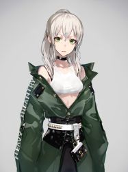 Rule 34 | 1girl, casual, choker, closed mouth, cowboy shot, earrings, female focus, green eyes, grey background, heavily armed high school girls, ichi (heavily armed high school girls), jacket, jewelry, long hair, looking at viewer, neco, off shoulder, original, ponytail, silver hair, simple background, solo, tank top