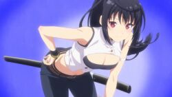 1girl arifureta_shokugyou_de_sekai_saikyou ass breasts cleavage cleavage_cutout clothing_cutout denim hand_on_knee hand_on_own_hip hand_on_own_knee highres jeans large_breasts leaning_forward legs long_hair midriff navel pants ponytail red_eyes smile solo sword thighs weapon yaegashi_shizuku