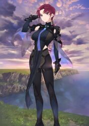 1girl arm_at_side armpit_cutout bazett_fraga_mcremitz black_bodysuit blue_bodysuit bodysuit breasts cliff closed_mouth clothing_cutout cloud cloudy_sky covered_groin criss-cross_straps curtained_hair expressionless fate/grand_order fate_(series) feet_out_of_frame game_cg hair_tubes hand_up hayashi_kewi high_collar horizon large_breasts layered_sleeves long_hair long_sleeves looking_at_viewer low_ponytail manannan_mac_lir_(fate) manannan_mac_lir_(second_ascension)_(fate) mole mole_under_eye ocean official_art parted_bangs pelvic_curtain ponytail red_eyes red_hair single_hair_tube sky solo standing stomach_cutout third-party_source underbust variant_set wide_sleeves