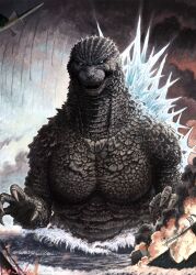aircraft airplane black_scales dinosaur facial_scar fire giant giant_monster glowing glowing_spikes godzilla godzilla_(minus_one) godzilla_(series) godzilla_minus_one highres imperial_japanese_navy j7w_shinden junshiki kaiju military military_vehicle monster navy no_humans ocean prototype scar scar_on_cheek scar_on_face sea_monster sharp_teeth ship smoke spikes spines teeth toho war warship watercraft waves world_war_ii