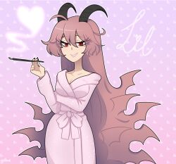 Rule 34 | 1girl, black nails, bow, breasts, character name, cleavage, closed mouth, collarbone, demon girl, demon horns, funamusea, gallaxi, hair wings, heart, heart background, holding, holding smoking pipe, horns, large breasts, lil (funamusea), long hair, looking at viewer, outline, patterned background, pink bow, pink hair, pink lips, pink robe, purple background, red eyes, robe, slit pupils, smile, smoke heart, smoking pipe, solo, teeth, white outline