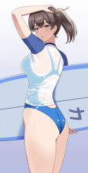 Rule 34 | 1girl, ass, back, blue background, blue one-piece swimsuit, breasts, brown eyes, brown hair, cowboy shot, gradient background, hair between eyes, highleg, highleg one-piece swimsuit, highres, holding, holding surfboard, kaga (kancolle), kantai collection, large breasts, looking at viewer, looking to the side, mayomaru1, medium hair, one-piece swimsuit, rash guard, shirt, side ponytail, simple background, smile, solo, surfboard, swimsuit, thighs, wet, wet clothes, wet shirt, white shirt
