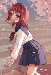 all_fours angel_beats! beyumi blue_skirt blush bread_slice cherry_blossoms commentary feet_out_of_frame food highres iwasawa_masami looking_at_viewer mouth_hold outdoors pleated_skirt red_eyes red_hair red_neckwear school_uniform serafuku shirt short_hair skirt solo stairs toast white_shirt